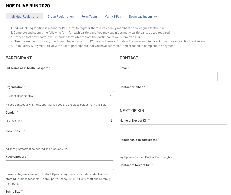 Multi-step form for race registration